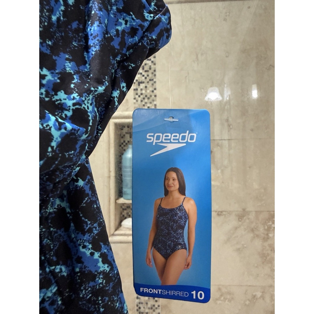 Speedo Womens Front Shirred One Piece Swimsuit Blue Black SZ 10 NWT